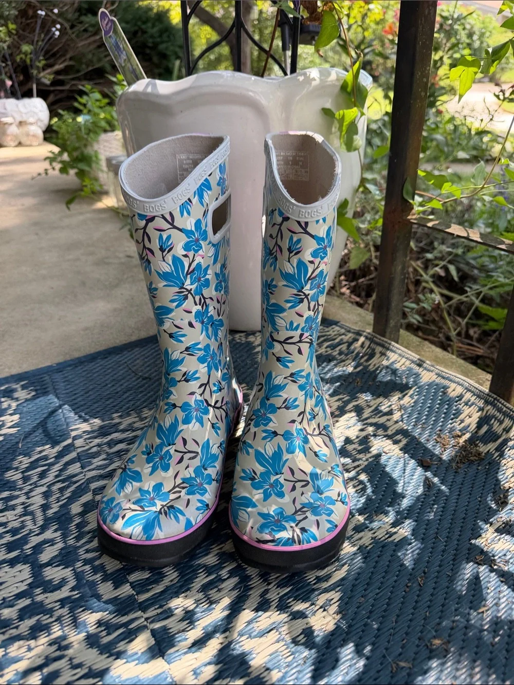 Bogs Youth Cream Floral Rain Boots with Blue Flowers